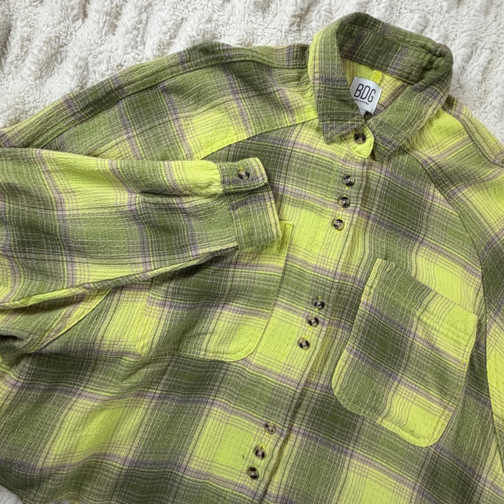 BDG Urban Outfitters Lime Green Plaid Cropped Button Down Shirt Large OB1280126